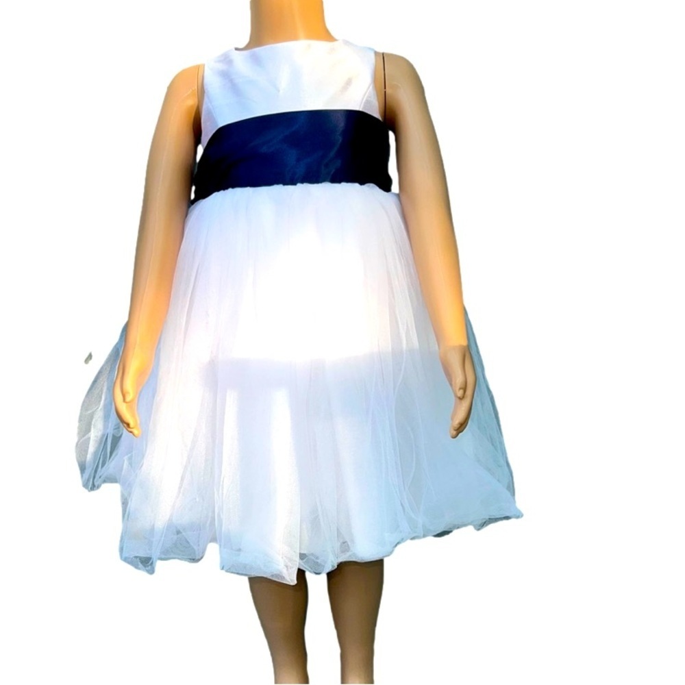 white tulle flower girl dress with cobalt blue sash. Like NEW #2